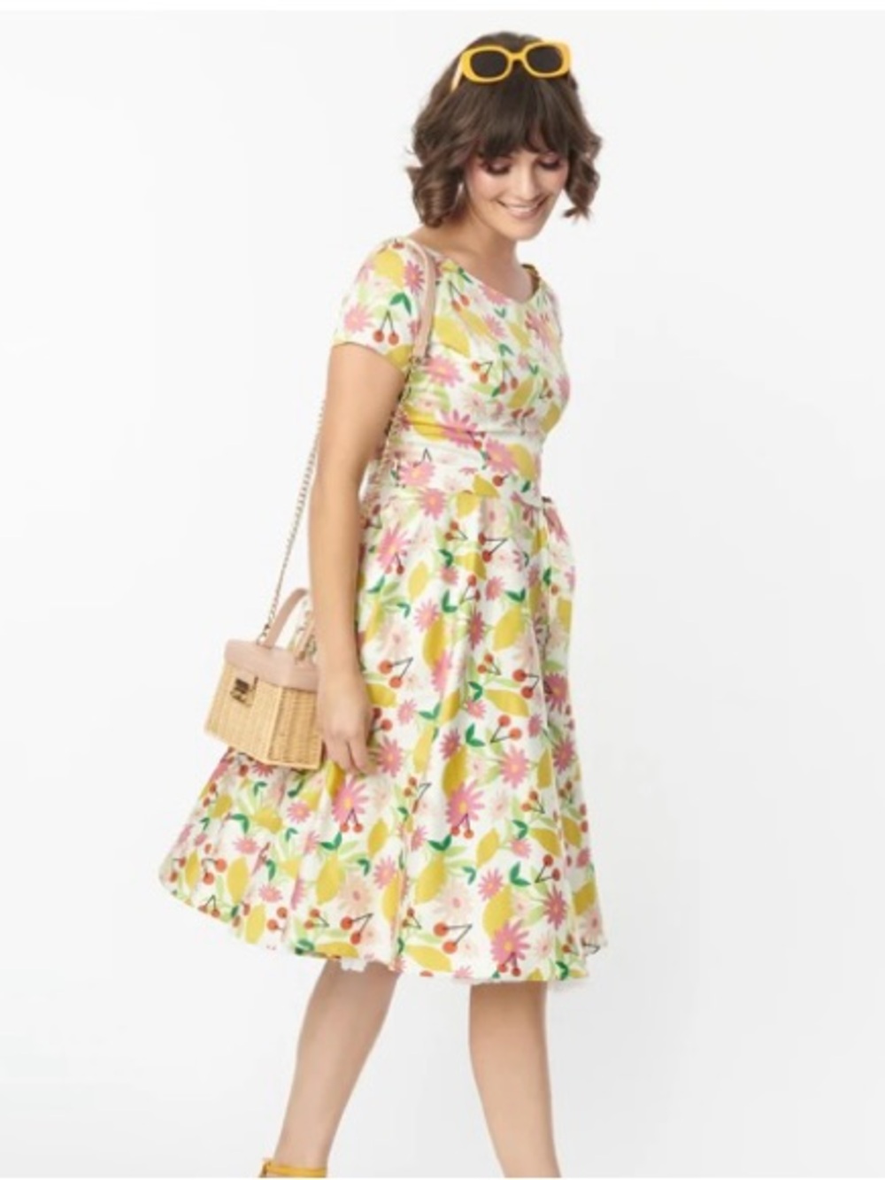 Cherry Floral Fit-and-Flare Midi Dress in Cream, Pink & Green